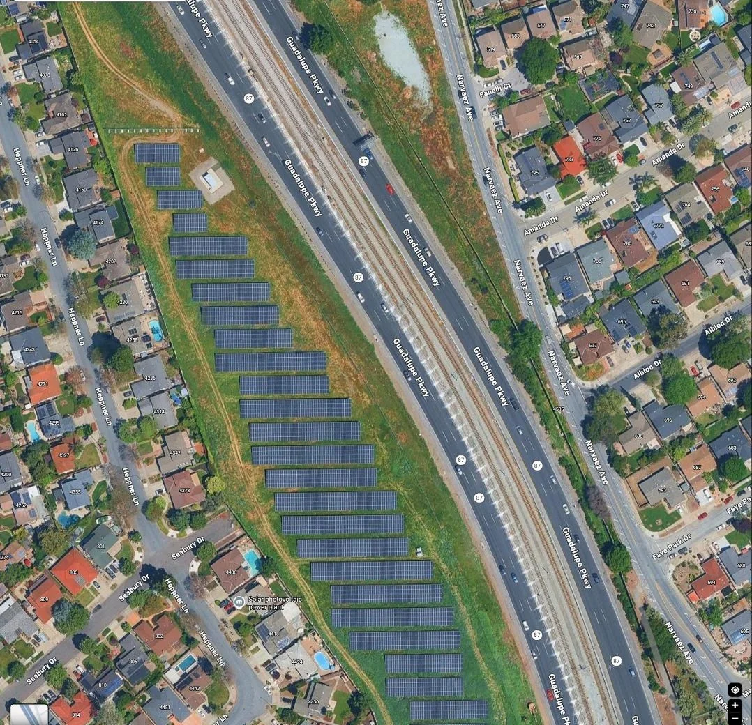 Satellite view of the Guadalupe Parkway ground-mount solar array beside the highway and rail corridor