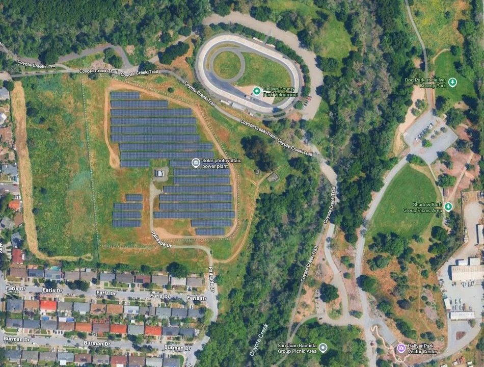 Satellite view of the Hellyer County Park ground-mount solar array beside the velodrome and Coyote Creek Trail