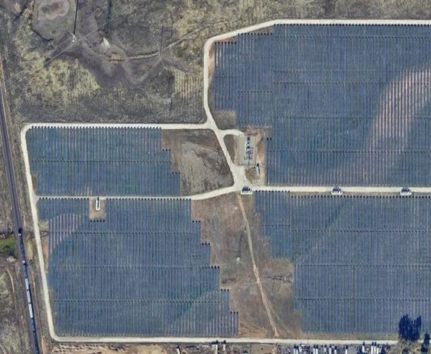 Satellite view of the Wildflower Solar single-axis tracker array, two-block ground-mount layout