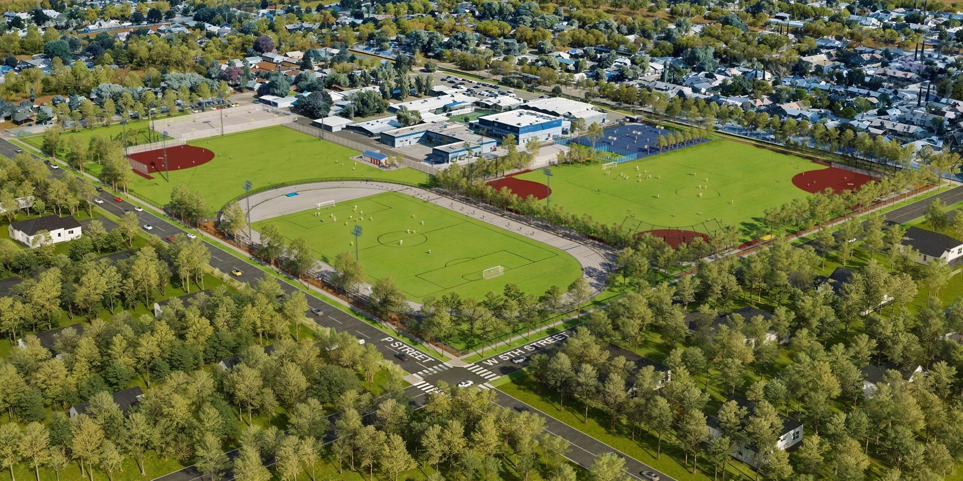 Architect's aerial render of the completed sports fields, running track and lighting poles